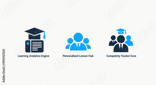 Education technology icons: learning analytics, personalized lessons, and competency tracking for students and educators