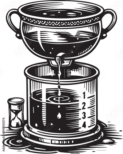 Ancient Water Clock Clepsydra Engraving Style Vector Illustration Black and White Time Measurement Device