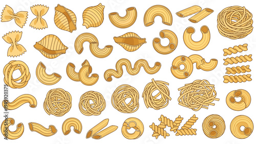 Comprehensive collection of various dry pasta shapes including farfalle, penne, fusilli, and conchiglie in a detailed illustrative style for food themes.