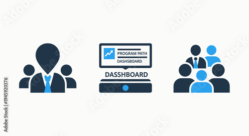 Business management icons: teamwork, program dashboard, and data analysis for corporate success