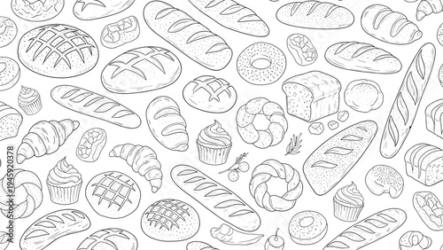 Delightful black and white line art pattern featuring a wide variety of bakery goods like bread, croissants, muffins, and donuts in a repeat design.