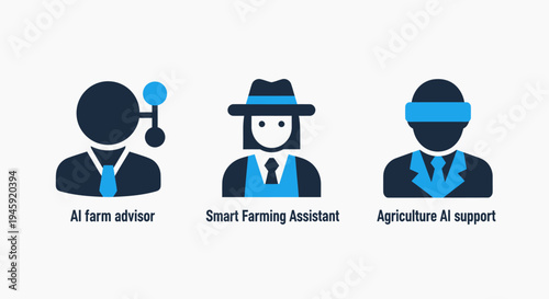 Agriculture icons: AI farm advisor, smart farming assistant, and AI support for modern farming
