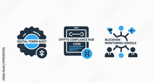 Blockchain and crypto icons: digital token audit, compliance hub, and monitoring console for finance