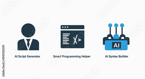 Ai programming icons: script generator, smart helper, and syntax builder for software development