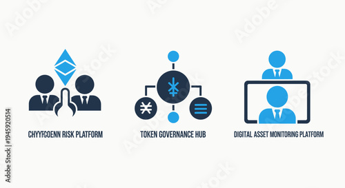 Cryptocurrency and digital asset management icons: blockchain risk, token governance, and monitoring platforms