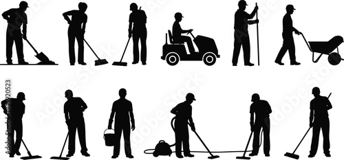 Set of janitor and cleaning worker silhouettes with tools and equipment, sanitation staff performing maintenance tasks, industrial cleaning service concept isolated on white background