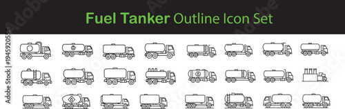 Fuel tanker outline icon set featuring heavy duty trucks for oil delivery gasoline transport liquid cargo logistics and petroleum supply