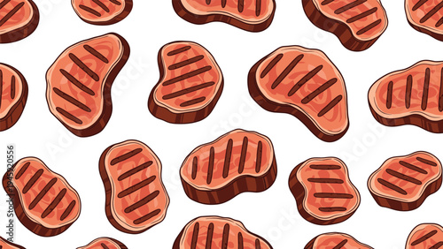 Juicy grilled meat steaks with dark char marks arranged in a seamless repeat pattern over a white background for barbeque and food industry.