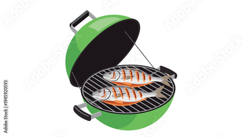 High-quality illustration of a green round charcoal grill with two whole fish being grilled on the rack for outdoor cooking and picnic themes.