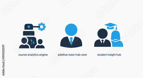 Education technology icons: course analytics, adaptive tutor, and student insight