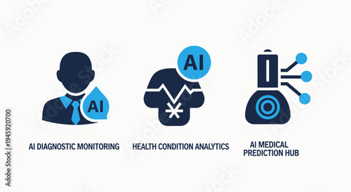 Ai diagnostic monitoring, health condition analytics, and medical prediction hub icons