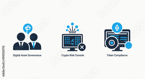 Crypto risk console, token compliance and digital asset governance icons with binary code and technology concepts