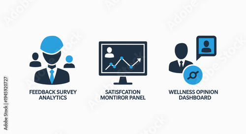 Feedback survey analytics, satisfaction monitor panel and wellness opinion dashboard icons