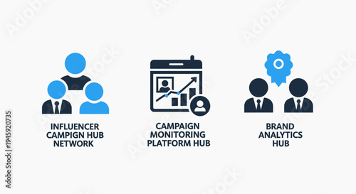 Influencer campaign hub network, brand analytics and campaign monitoring platform icons