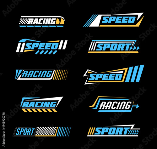 Race car sport. Formula speed sport icon. Stripe decal pattern. Auto rally logo. Bike racing check badge. Transport motor. Blue ribbon border. Checkered automobile decoration. Vector design signs set