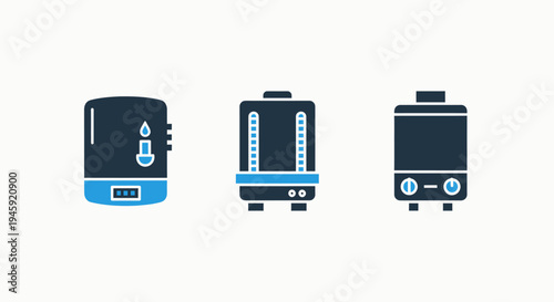 Set of icons representing water heaters, boilers, and heating systems, water heater, residential appliance, hot water, water supply, heating system, appliance icon