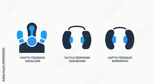 Haptic feedback visualizer, tactile dashboard, and workspace icons for immersive technology, virtual reality, augmented reality, user interface, user experience