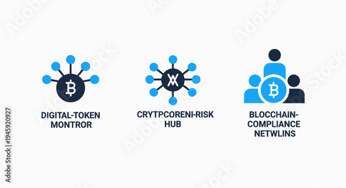 Digital token monitor, cryptocurrency risk hub, and blockchain compliance network icons, peer to peer, risk management, compliance officer, blockchain technology