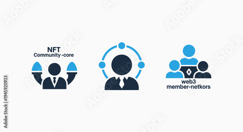 Web3 and nft icons, community engagement, digital member networks, online community concepts