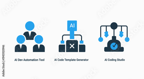 Ai development automation tools, code template generators, and coding studio icons, artificial intelligence, computer science, software development, AI development