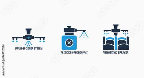 Precision agriculture icons, smart spraying systems, pesticide control and automation concepts