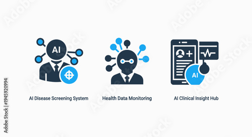 Ai health technology icons: disease screening, data monitoring, clinical insight hub, artificial intelligence