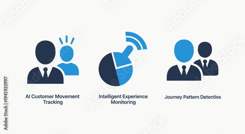 Customer movement tracking, experience monitoring, journey pattern analysis icons for business