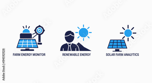 Renewable energy icons: solar farm monitoring, analytics, and green energy, dark blue, white background