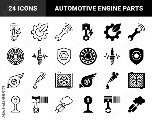 Hybrid automotive engineering icons merging car parts with digital symbols including piston lightning bolt turbo wing and radiator snowflake