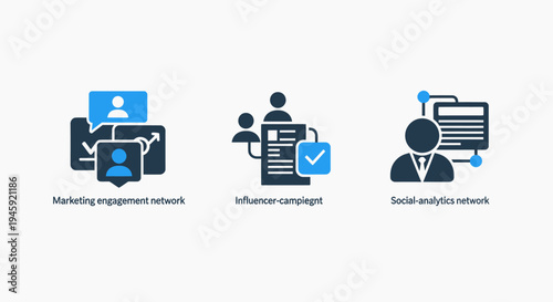 Marketing and analytics icons: network, campaign, and social media engagement