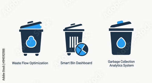 Smart waste management icons: trash bins, analytics, and collection systems