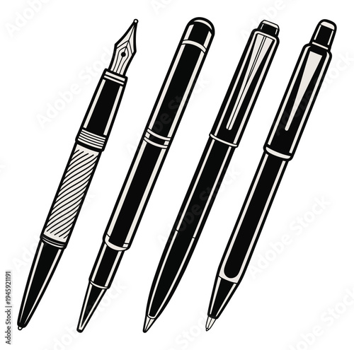 Four black and white pens, including a fountain pen, on a white background