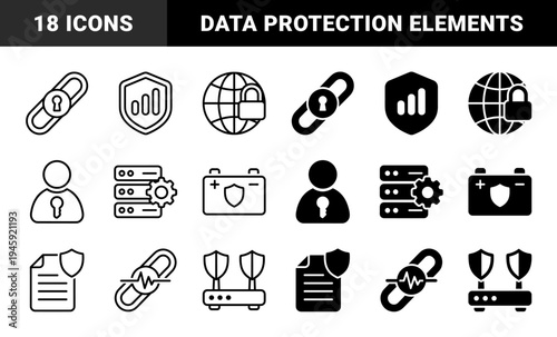 Hybrid cybersecurity and network protection icons featuring encrypted links data shielding global server security and hardware firewall symbols