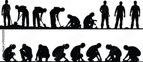 Silhouette set of construction workers digging ground with shovels and tools, excavation labor process sequence isolated, manual work stages, industry workforce activity illustration