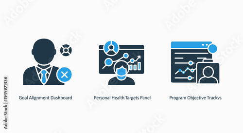 Personal management icons for goal setting, health tracking, and objectives