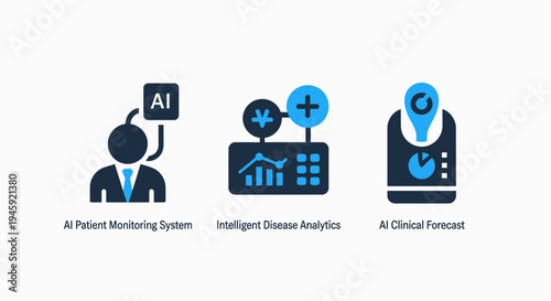 Ai patient monitoring, intelligent disease analytics, and AI clinical forecast icons for healthcare technology and medical data analysis, monitoring system, disease prediction