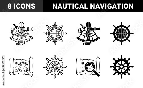 Nautical navigation hybrid icons featuring sextant compass mashups ship steering wheels merged with globes and magnifying glass map scrolls