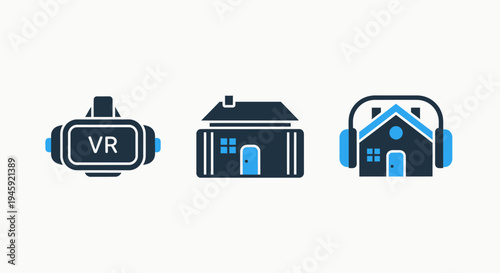 Virtual reality headset, traditional house, and headphones icon set representing digital living, real estate, and immersive experiences, augmented reality, connected home