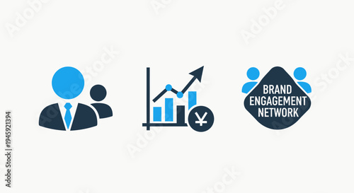Business growth icons: brand engagement, network, and financial analysis