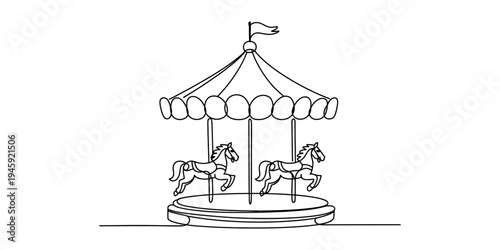 A simple black and white line art illustration of a classic carousel with two ornate horses ready for coloring Vector, illustration