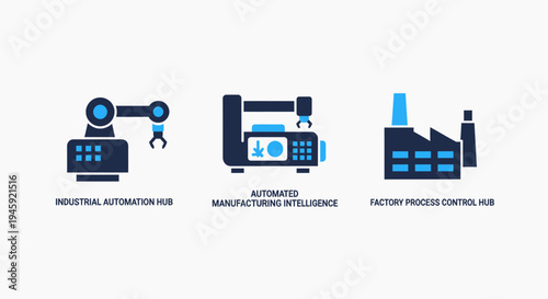 Industrial automation and manufacturing intelligence icons for factory process control hubs