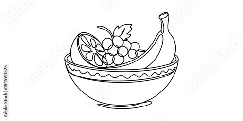 Minimalist continuous line drawing depicting a bowl overflowing with fresh fruits including grapes and citrus. Vector, illustration