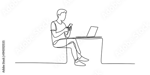 Continuous line drawing of a person sitting at a desk and using a smartphone while a laptop sits nearby Vector, illustration