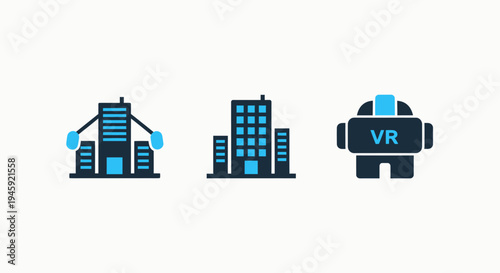 Virtual reality city and metaverse buildings icons for future architecture and digital twin concepts