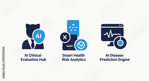 Ai healthcare technology icons: clinical evaluation, health risk analytics, and disease prediction engine concepts in blue and black