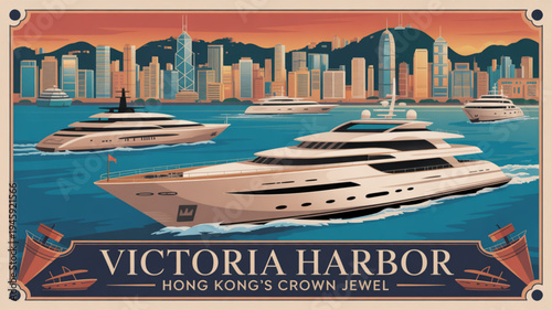 Luxury yachts in victoria harbor at sunset with hong kong city skyline