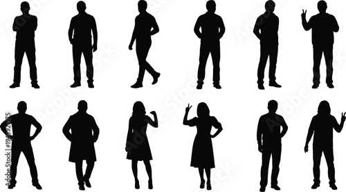 Human silhouettes, standing figures, walking poses, gesture icons, peace sign, casual stances, posture symbols, abstract illustration, people design, stock vector