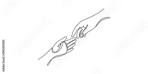 Continuous line art illustration of two hands reaching out to each other, symbolizing connection and assistance Vector, illustration