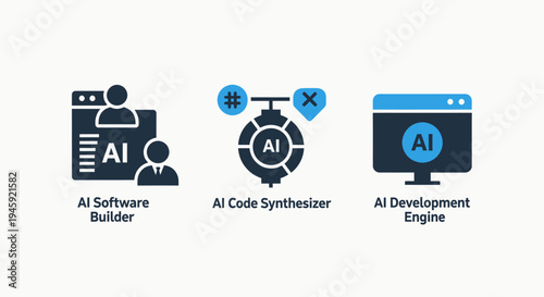 Ai software development technology icons: code synthesizer, builder, and development engine concepts in flat design