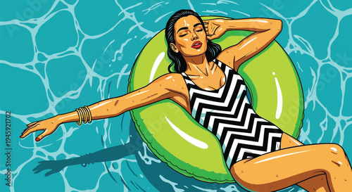 Young woman floating in pool water on green ring at luxury resort